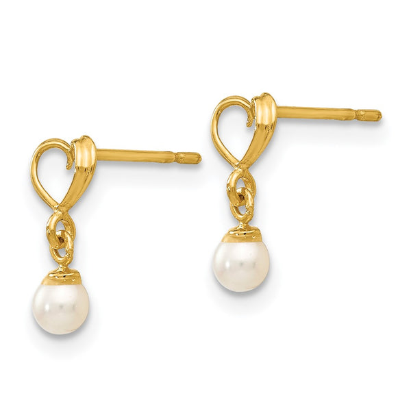 14KT Yellow Gold Pearl 9X5MM Childrens Heart Drop & Dangle Earrings