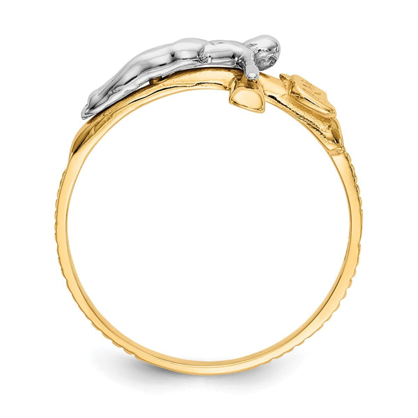 14KT White and Yellow Gold Crucifix Cross Ring. Size 6.7