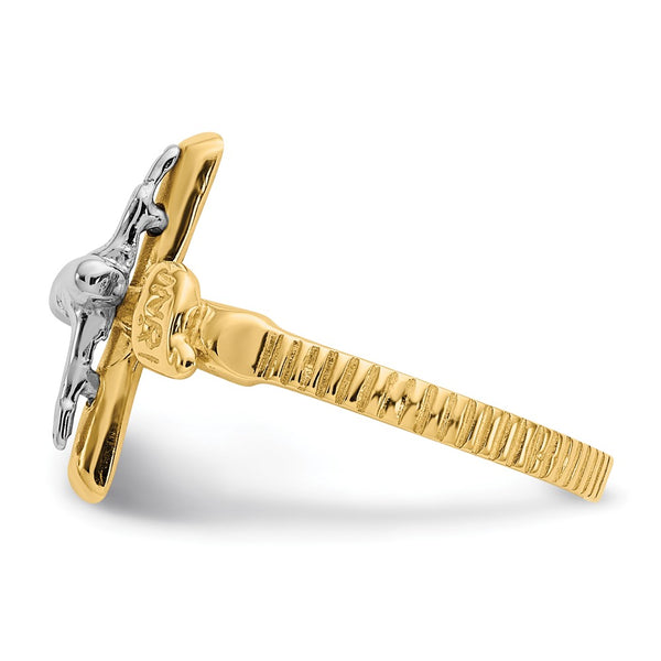 14KT White and Yellow Gold Crucifix Cross Ring. Size 6.7