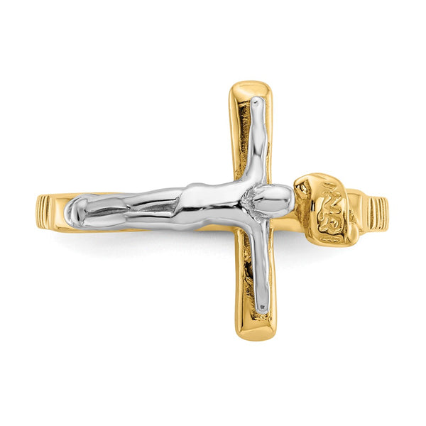 14KT White and Yellow Gold Crucifix Cross Ring. Size 6.7