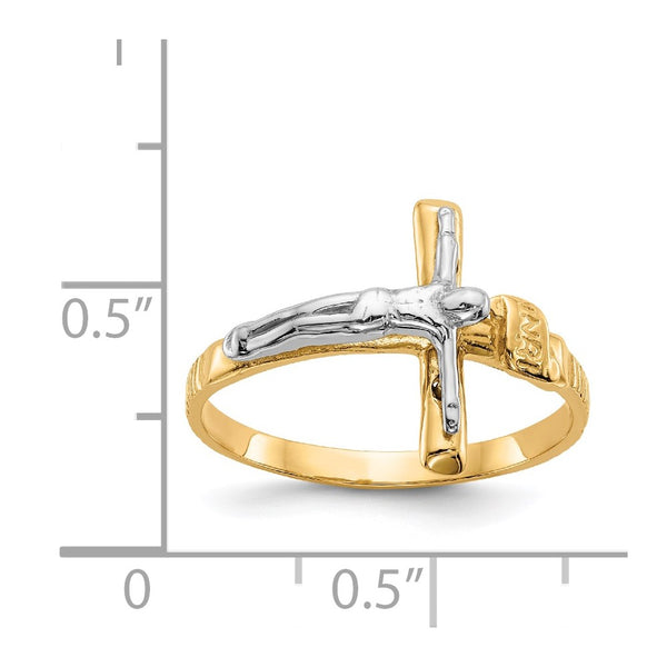 14KT White and Yellow Gold Crucifix Cross Ring. Size 6.7
