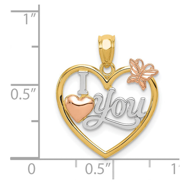 14KT Gold Tri-Color 20X17MM Heart I Love You Pendant. Chain Not Included