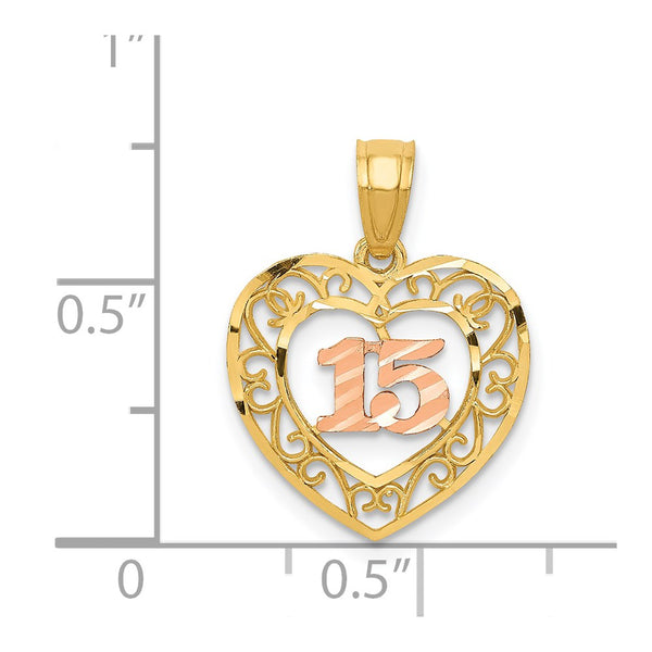 14KT White and Yellow Gold 20X14MM Diamond-cut Quinceanera 15 Pendant. Chain Not Included