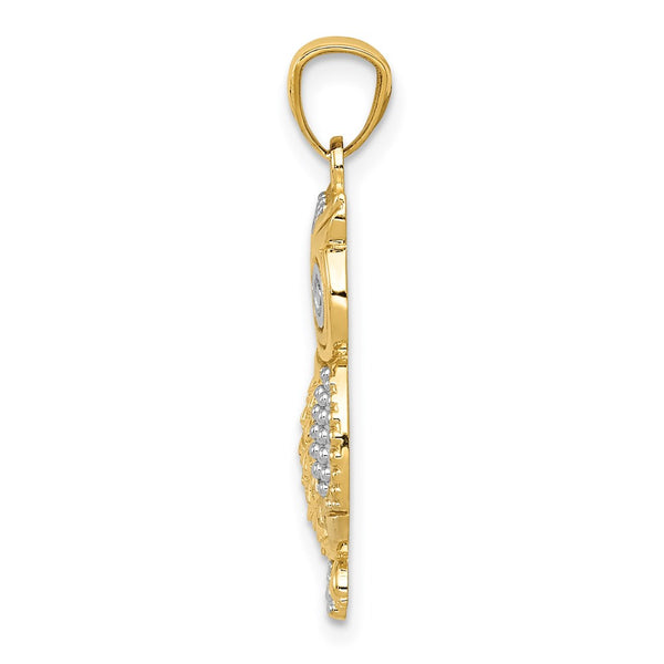 14KT Yellow Gold With Rhodium Plating 26X12MM Owl Pendant. Chain Not Included