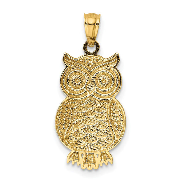 14KT Yellow Gold With Rhodium Plating 26X12MM Owl Pendant. Chain Not Included