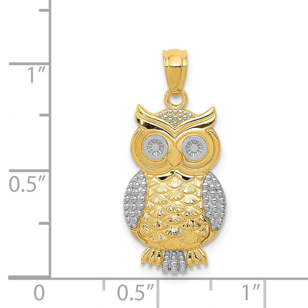 14KT Yellow Gold With Rhodium Plating 26X12MM Owl Pendant. Chain Not Included