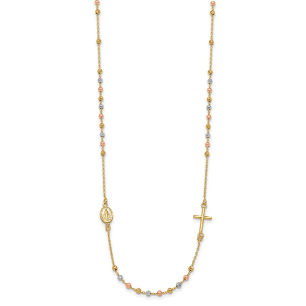 14KT Gold Tri-Color 18-inch Cross Beaded Rosary Necklace