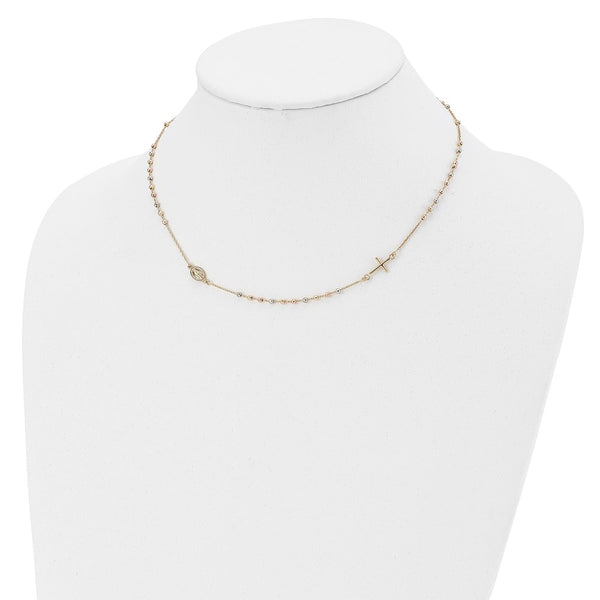 14KT Gold Tri-Color 18-inch Cross Beaded Rosary Necklace