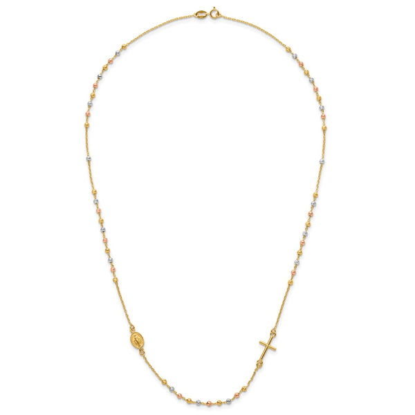 14KT Gold Tri-Color 18-inch Cross Beaded Rosary Necklace