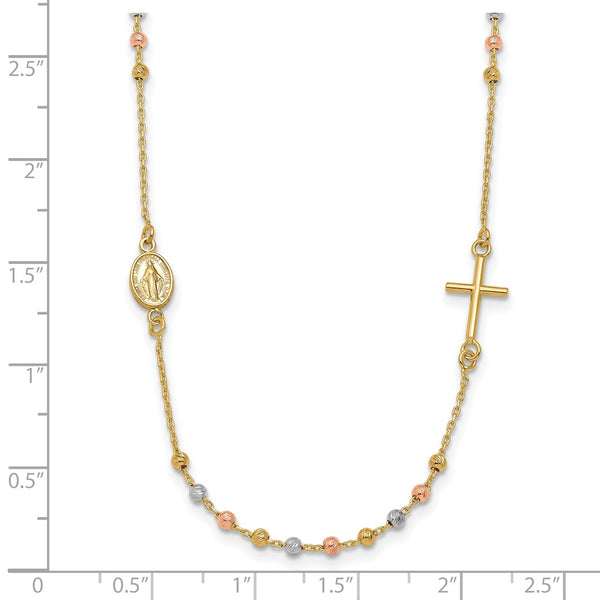 14KT Gold Tri-Color 18-inch Cross Beaded Rosary Necklace