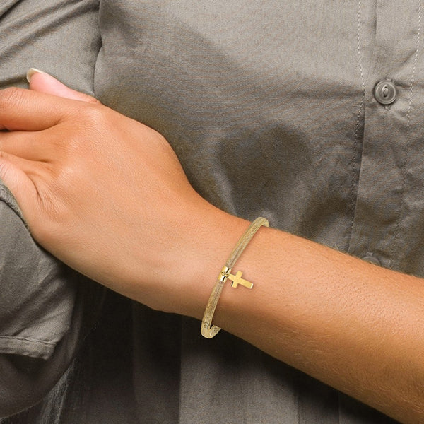 14KT Yellow Gold 7-inch 4MM Stretch Bangle Cross Bracelet