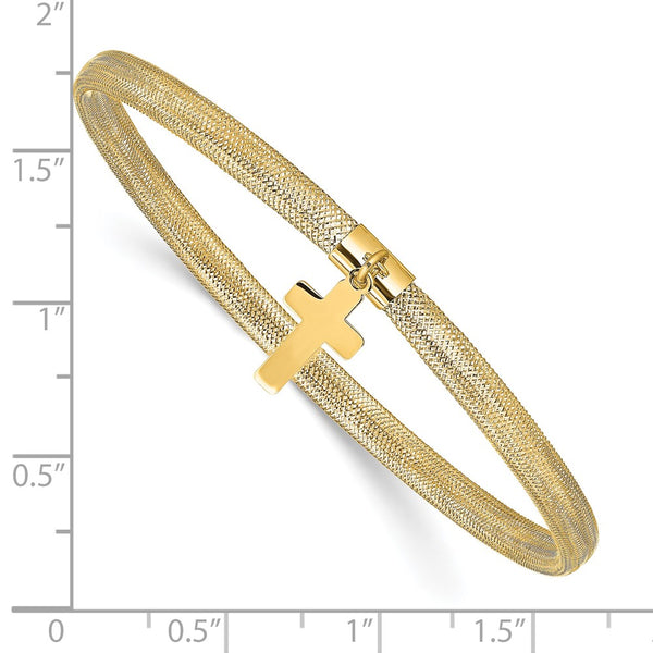 14KT Yellow Gold 7-inch 4MM Stretch Bangle Cross Bracelet