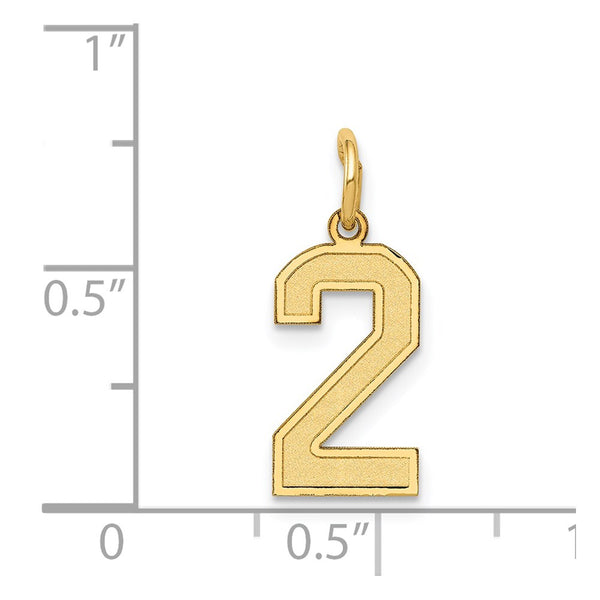 14KT Gold Small Satin Number 2 Charm Pendant. Chain not Included.