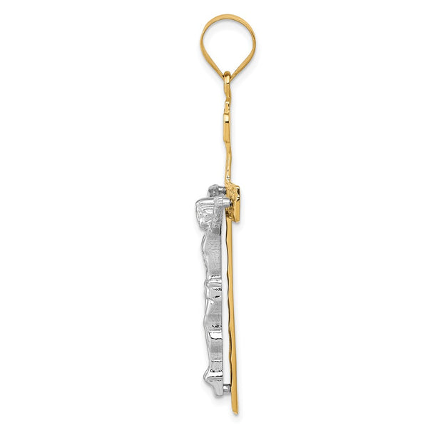 14KT White and Yellow Gold 47X24MM Crucifix Cross Pendant. Chain Not Included