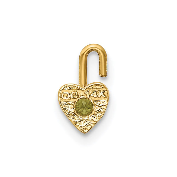14ky August Synthetic Birthstone Heart Charm Pendant. Chain not Included.
