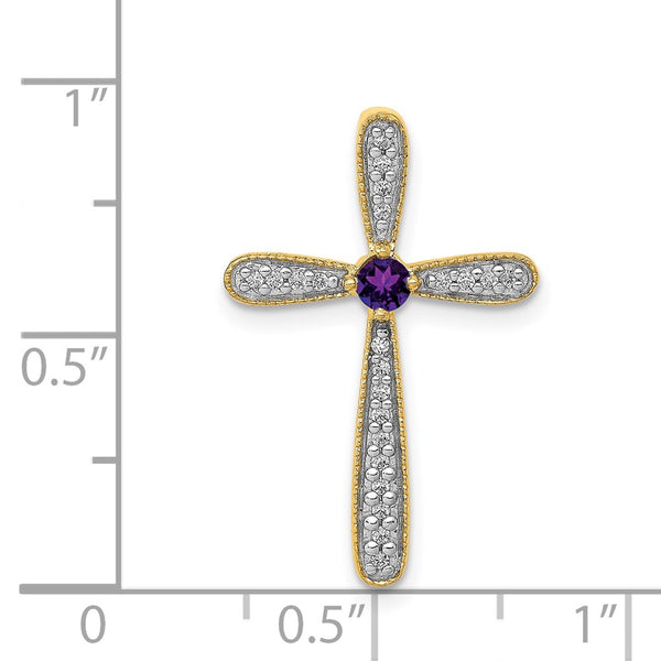 3MM Round Amethyst and Natural Diamond Cross Pendant. Chain Not Included in 14KT Yellow Gold