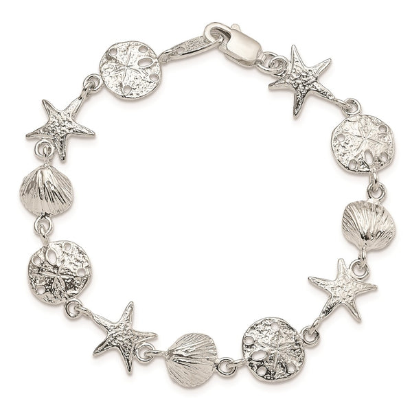 Sterling Silver 7-inch 14MM Fancy Lobster Clasp Seashells Bracelet