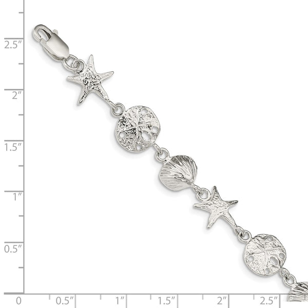 Sterling Silver 7-inch 14MM Fancy Lobster Clasp Seashells Bracelet
