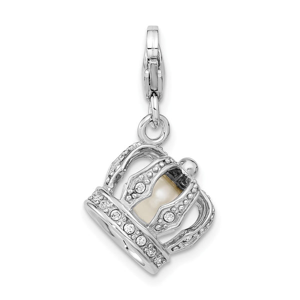 SS RH Swarovski Crystals & FW Cultured Pearl Crown w/Lobster Charm Pendant. Chain not Included.