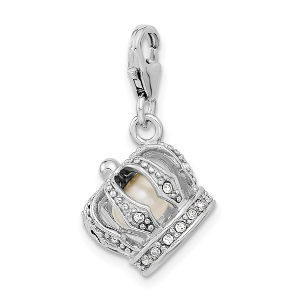 SS RH Swarovski Crystals & FW Cultured Pearl Crown w/Lobster Charm Pendant. Chain not Included.