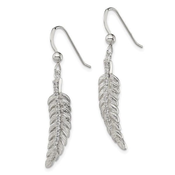 Sterling Silver Cubic Zirconia 39X7MM Drop & Dangle Feather Earrings