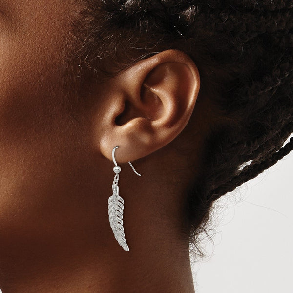 Sterling Silver Cubic Zirconia 39X7MM Drop & Dangle Feather Earrings