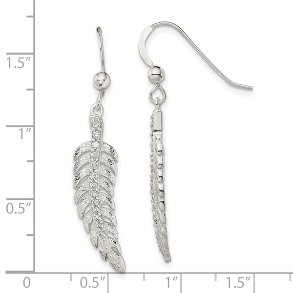 Sterling Silver Cubic Zirconia 39X7MM Drop & Dangle Feather Earrings