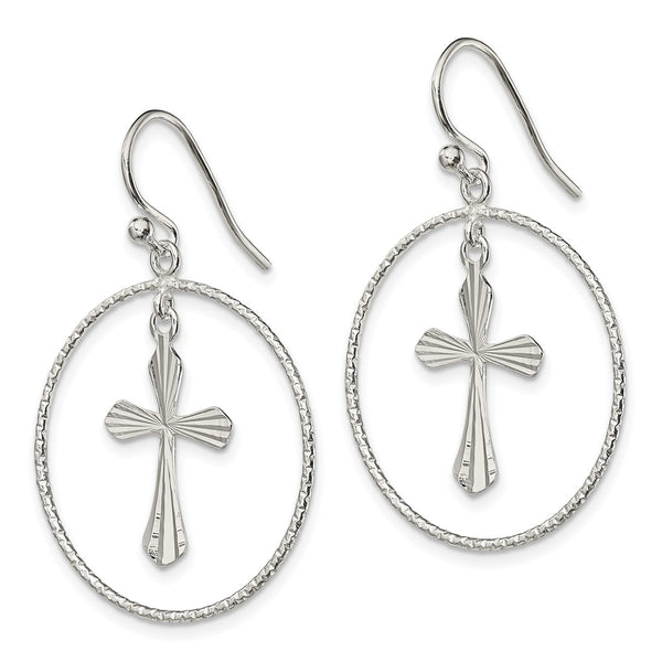Sterling Silver 39X25MM Diamond-cut Cross Earrings