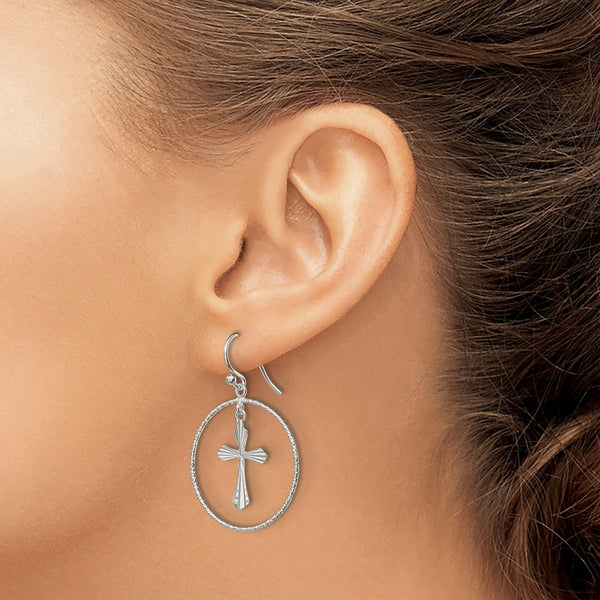 Sterling Silver 39X25MM Diamond-cut Cross Earrings