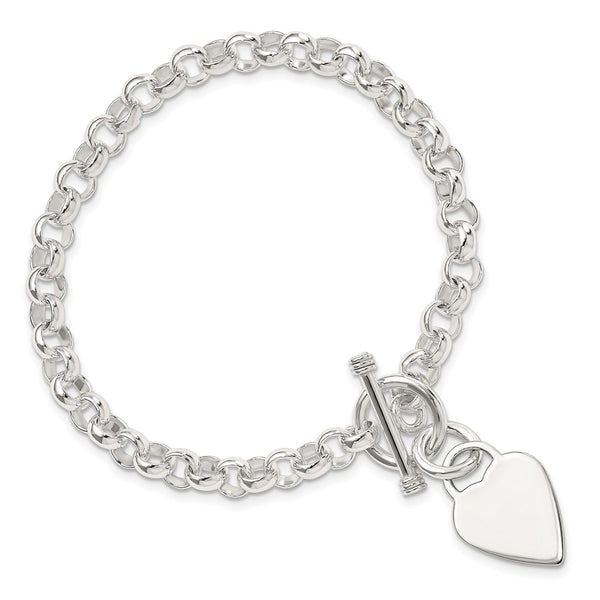 Engravable Sterling Silver 7.75-inch 14.5MM Heart Rolo Toggle Bracelet