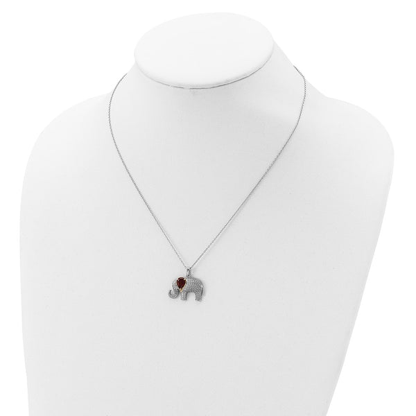 Pear Garnet Natural Diamond Accent Elephant 17-inch Pendant in Sterling Silver