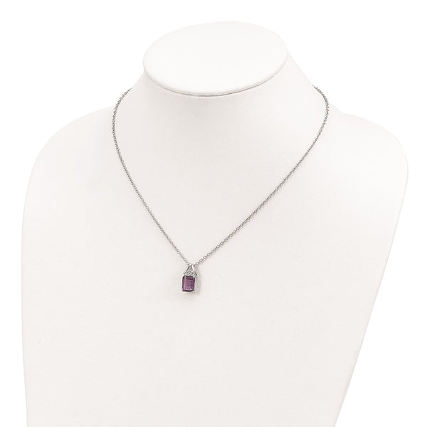 Amethyst and Natural Diamond Lobster Clasp 18-inch Pendant in Sterling Silver