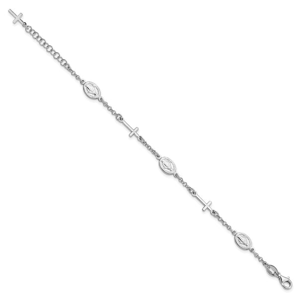 Sterling Silver 7-inch Religious Cross & Miraculous Medal Bracelet