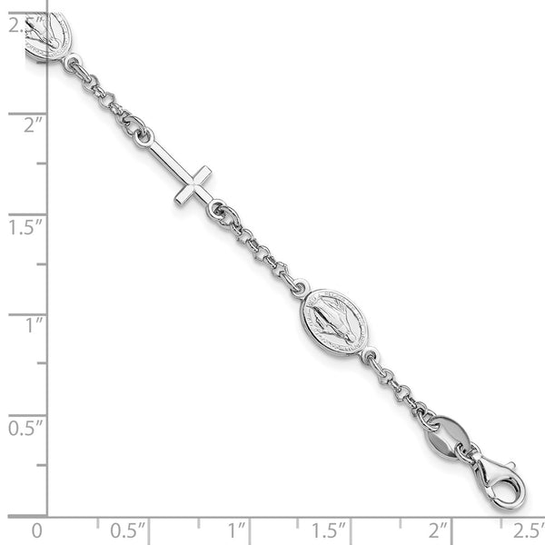 Sterling Silver 7-inch Religious Cross & Miraculous Medal Bracelet