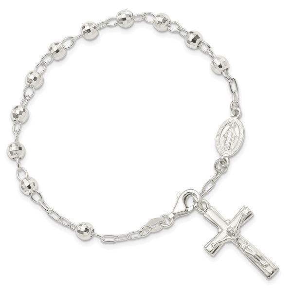 Sterling Silver 7.5-inch Lobster Clasp Beaded Rosary Bracelet