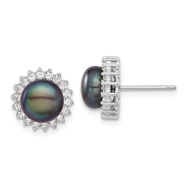 Black Pearl and CZ Pendant Earrings Set in Sterling Silver