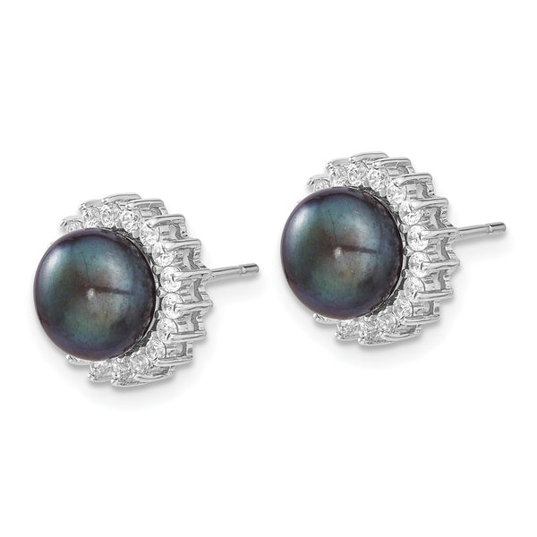 Black Pearl and CZ Pendant Earrings Set in Sterling Silver