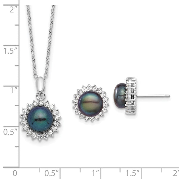 Black Pearl and CZ Pendant Earrings Set in Sterling Silver