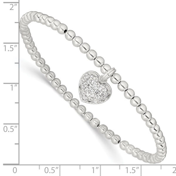 Sterling Silver Cubic Zirconia 7-inch 3MM Beaded Stretch Heart Bracelet