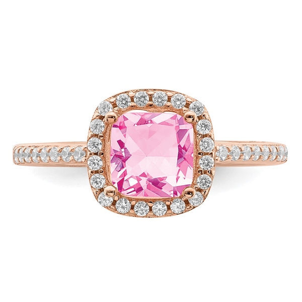 Rose Gold Plated Sterling Silver 6MM Cushion Cubic Zirconia Halo Ring. Size 7