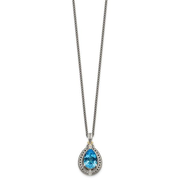15X10MM Pear Swiss Blue Topaz and Natural Diamond Lobster Clasp 18-inch Necklace in Sterling Silver