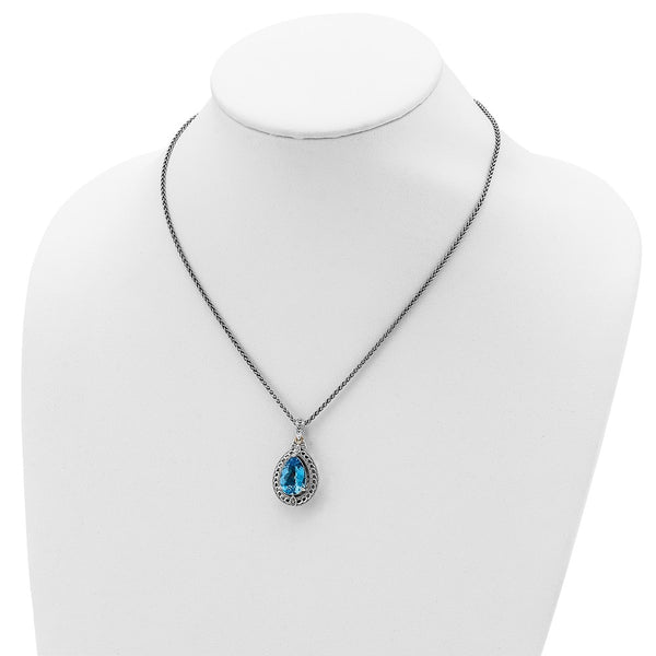 15X10MM Pear Swiss Blue Topaz and Natural Diamond Lobster Clasp 18-inch Necklace in Sterling Silver