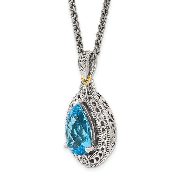 15X10MM Pear Swiss Blue Topaz and Natural Diamond Lobster Clasp 18-inch Necklace in Sterling Silver