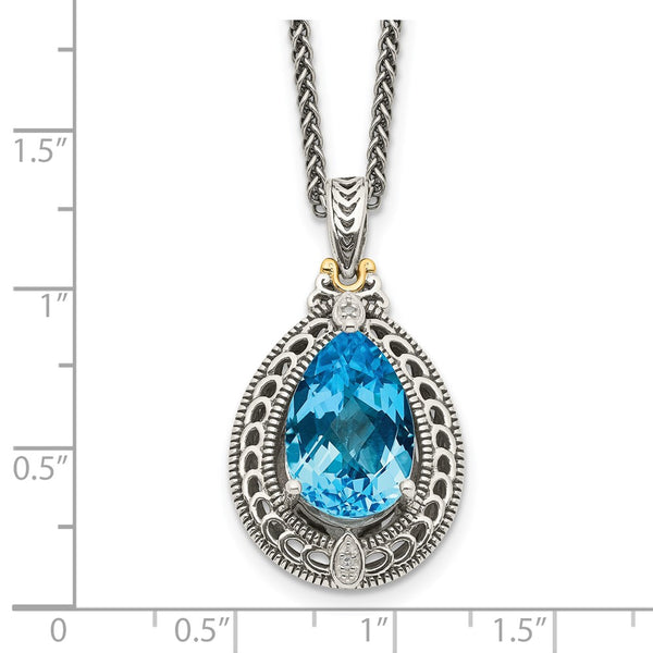 15X10MM Pear Swiss Blue Topaz and Natural Diamond Lobster Clasp 18-inch Necklace in Sterling Silver
