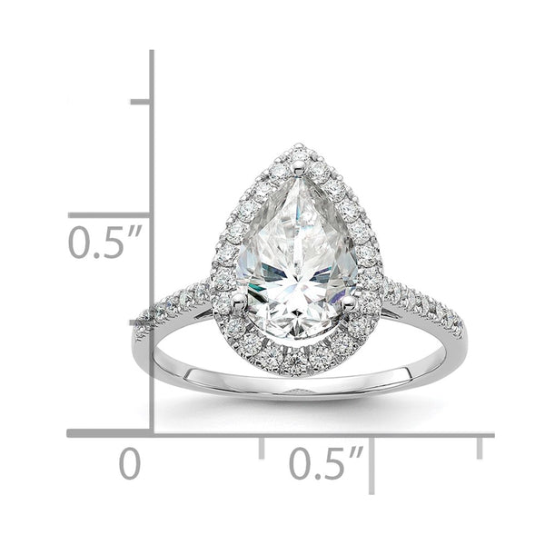10X7MM Pear Moissanite Halo Engagement Ring in 14KT White Gold. Size 7
