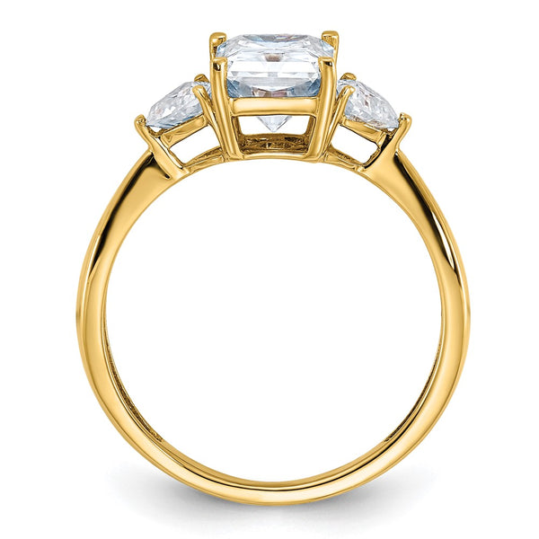 8X6MM Princess Cut Moissanite and Moissanite Three Stone Ring in 14KT Yellow Gold. Size 7