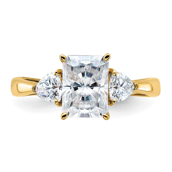 8X6MM Princess Cut Moissanite and Moissanite Three Stone Ring in 14KT Yellow Gold. Size 7