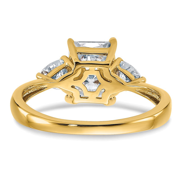 8X6MM Princess Cut Moissanite and Moissanite Three Stone Ring in 14KT Yellow Gold. Size 7