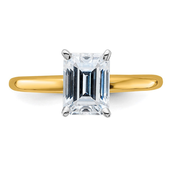 8X6MM Emerald Shape Moissanite Solitaire Engagement Ring in 14KT Yellow Gold. Size 6