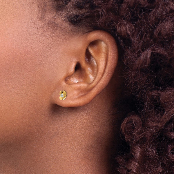 14KT Yellow Gold Round Cubic Zirconia 7MM Flower Earrings